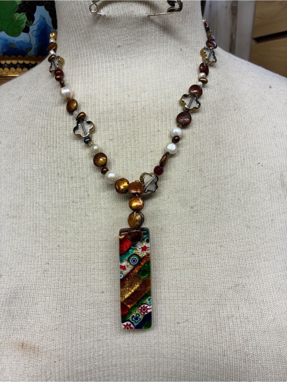 Multicolor Murano Glass Pendant Necklace with Gold and Brown Beads